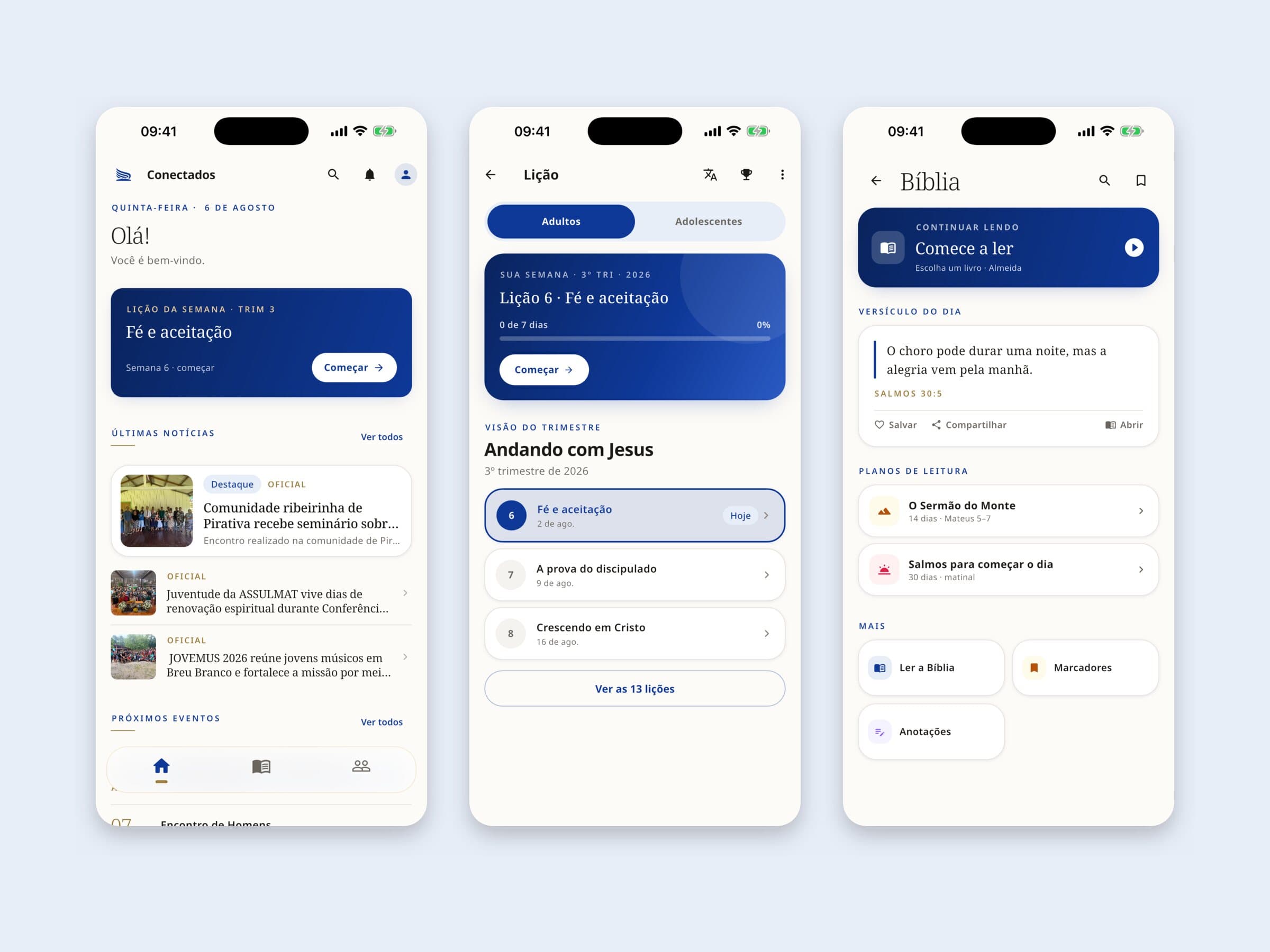 Three screens of the Conectados app